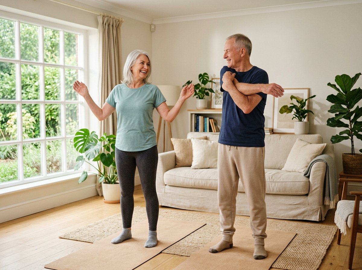 Casal 50+ se exercitando em casa com método Reset Metabólico